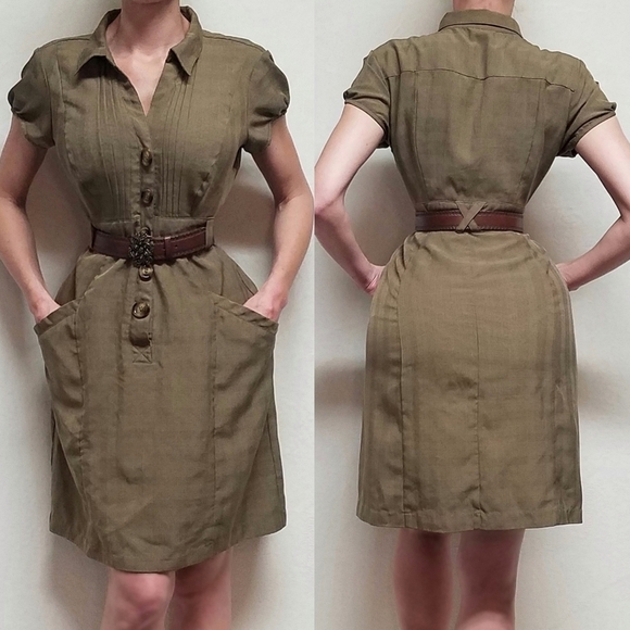 Vintage 90s Robbie Bee Olive Green Puff Sleeve Pleated Button Up Shirt Dress 14 - Picture 1 of 16